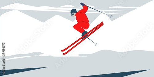 Skier jump from the top- illustration, vector. New Year, Christmas banner. Winter tourism.