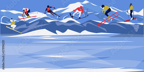 Skiers in the mountains - illustration, vector. New Year, Christmas banner. Winter tourism.