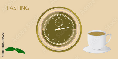 Intermittent fasting - stopwatch, green tea cup - vector. Diet concept