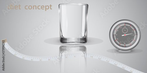 Glass beaker with reflection, stopwatch, measuring tape - vector. Diet concept. Intermittent fasting