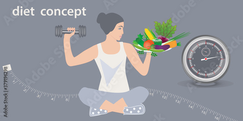 Girl sitting lotus pose, kettlebell, dish with vegetables, stopwatch, measuring tape - vector. Diet concept. Intermittent fasting
