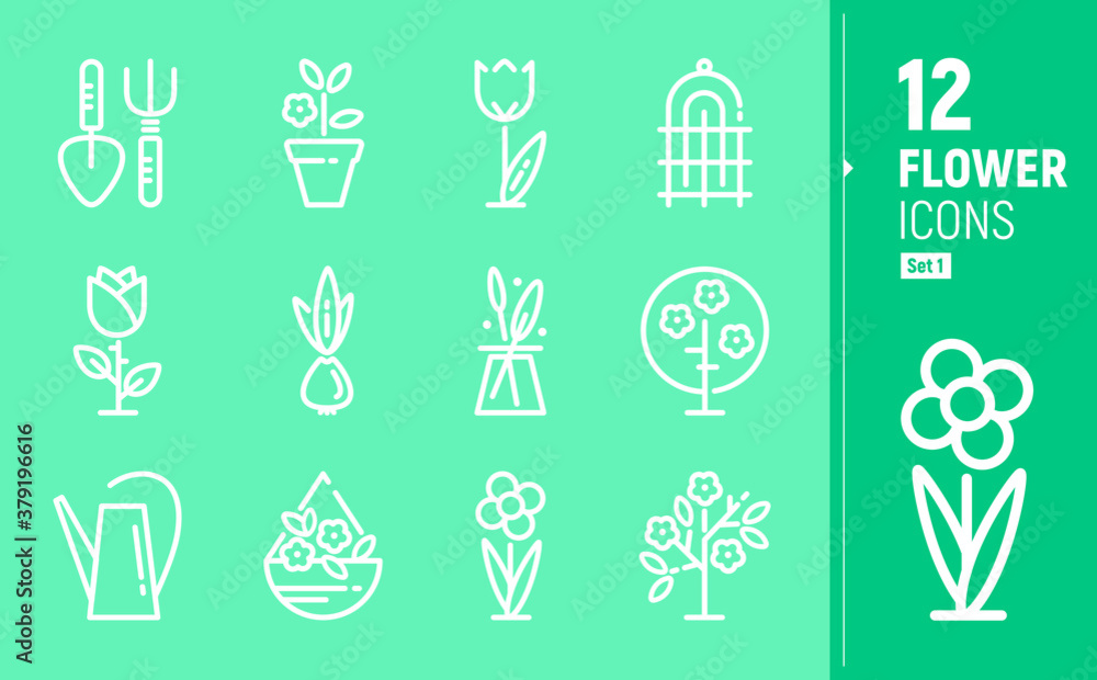 Modern flower icons. Contour icons in flat style. White inverted flat icons. Garden flowers, Floristics. Modern flower icons. Contour icons in flat style. White inverted flat icons. Garden flowers, Floristics.