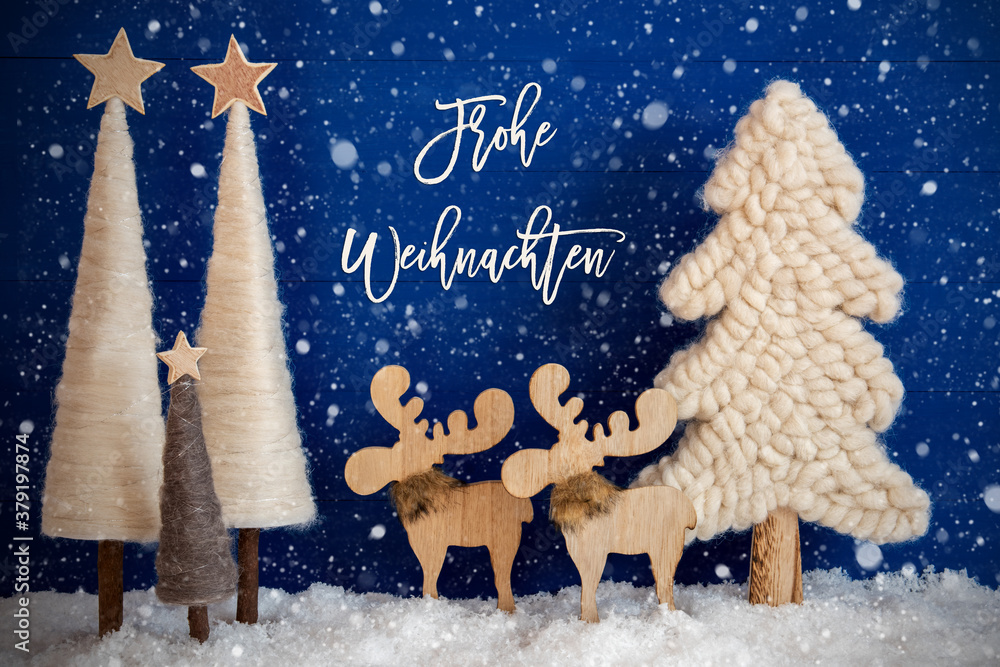 German Calligraphy Frohe Weihnachten Means Merry Christmas On Blue Background With Snow. Decoration And Ornament Like Christmas Trees And A Moose Couple With Snowflakes.