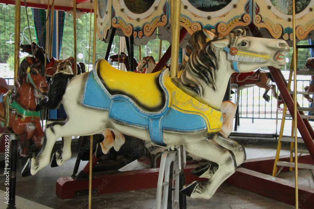 White Carousel Horse with Yellow Saddle