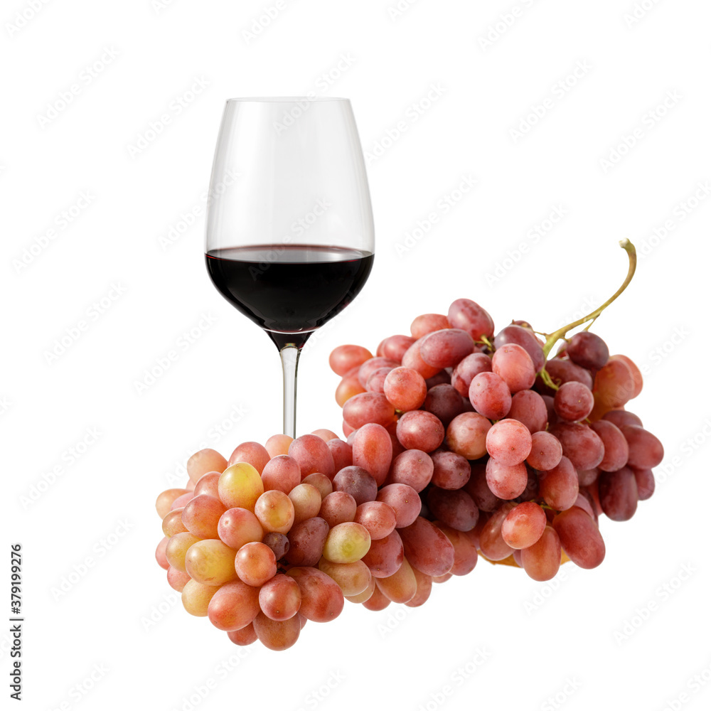 Wine glass and bunch of grapes isolated on white