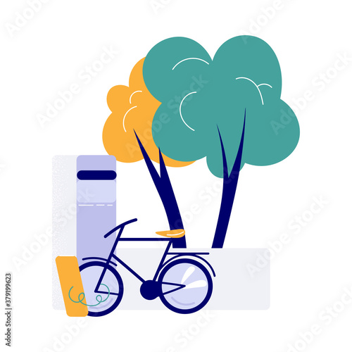 Bicycle parked near trees in green city with good ecological situation