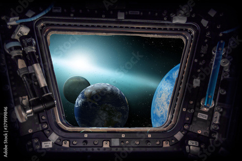 Fototapeta Naklejka Na Ścianę i Meble -  Planets in the galaxy view from a Spacecraft. Elements of this image furnished by NASA