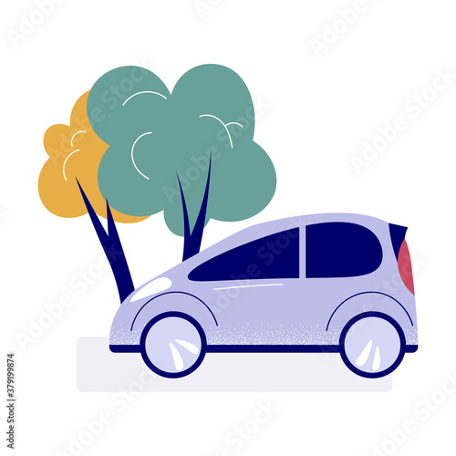 Gas powered car parked near tcolorful rees in green city