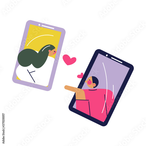 Young couple communicating and dating online on smartphones