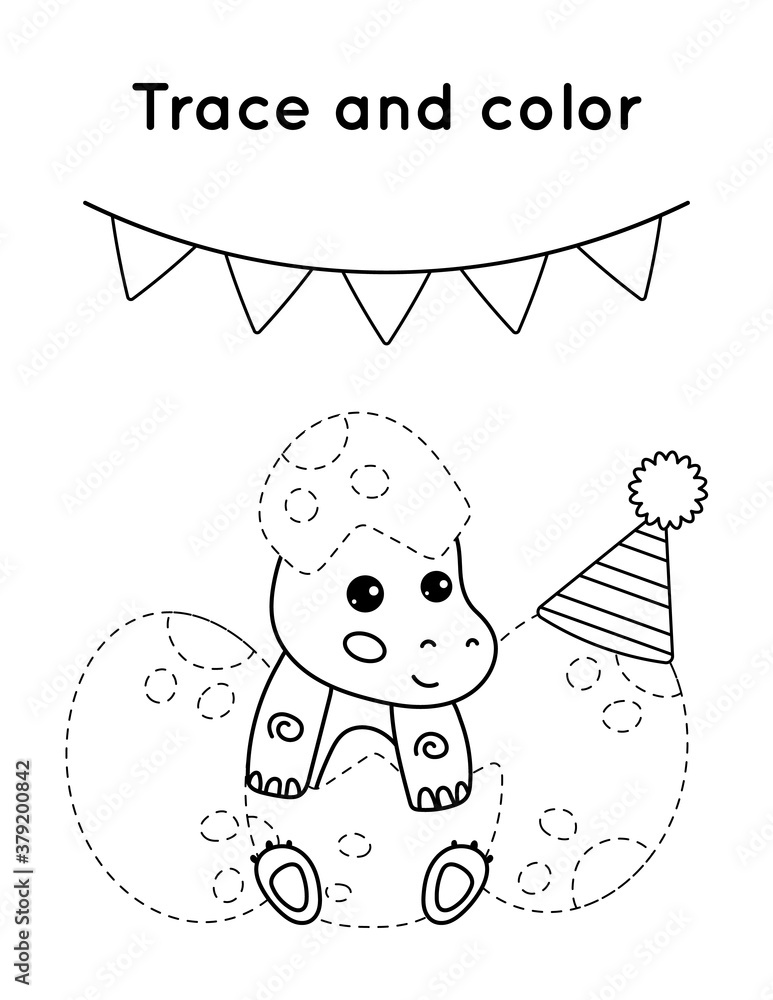Fototapeta premium Educational game for children. Trace and color. The little dinosaurs birthday party. Cute cartoon vector characters outline.