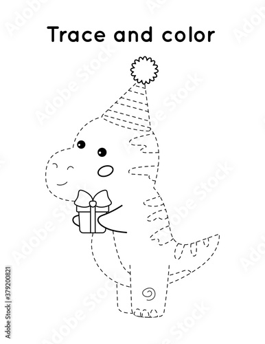 Printable activity worksheet - trace and color. Cartoon dinosaur T-rex with birthday present. Learn drawing for kids.