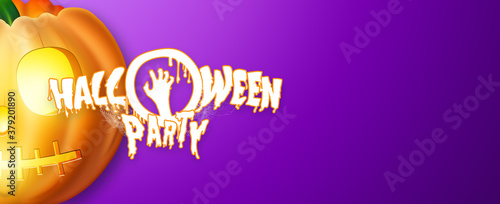 Banner for Halloween. Realistic pumpkin on a purple background. Horizontal flyer  header for website. Copy space  3D illustration  3D render.