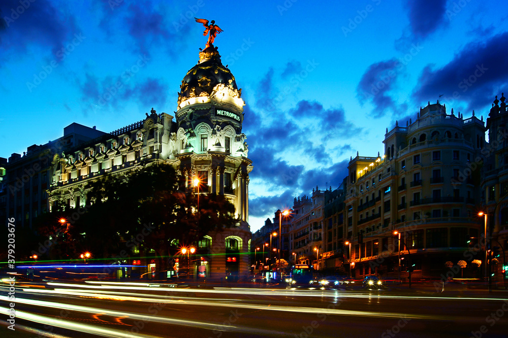 Metropolis building in Madrid in the evening Metropolis building in Madrid in the evening