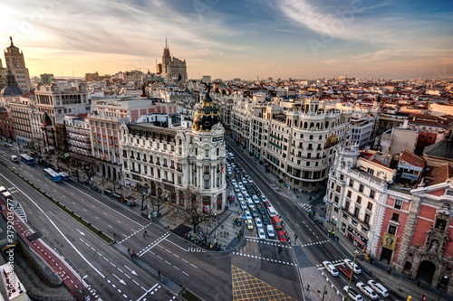 Metropolis Building with a nice sunset in Madrid