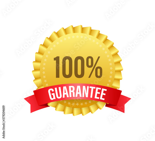 Ribbon with gold 100 guarantee. Banner sale. Business circle. Approval icon. Vector stock illustration.