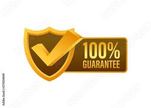 Ribbon with gold 100 guarantee. Banner sale. Business circle. Approval icon. Vector stock illustration.
