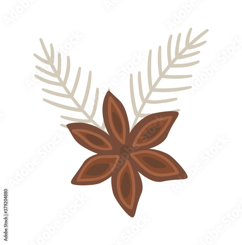 Vector anise illustration with silver Christmas tree twigs. Traditional winter spice icon. Holiday seasonal Christmas treat isolated on white background. Cozy warming food ingredient