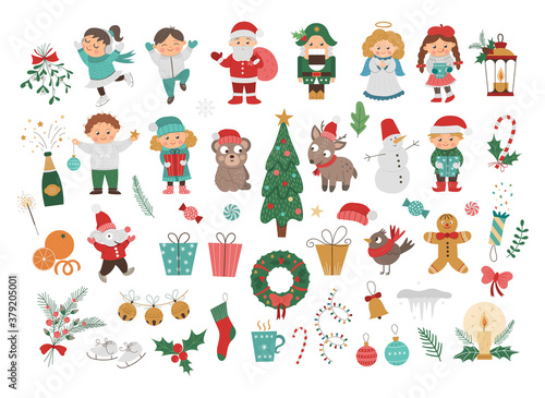 Big vector set of Christmas elements and children, Santa Claus in red hat with sack, angel, nutcracker, Christmas tree isolated on white. Cute funny illustration for decorations or new year design..