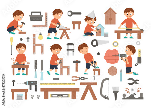 Vector set of boys doing carpenter, building or wood work and tools. Flat funny kid character sawing, nailing up, measuring, drilling a wall, screwing, working with plane, painting a nestling box. .