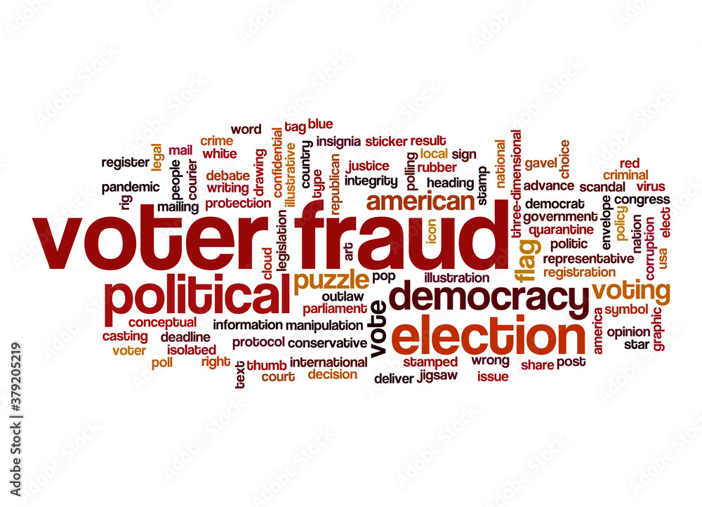 Voter fraud word cloud concept on white background.