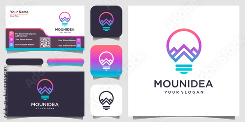 creative bulb lamp combined with mountain. logo and business card design .