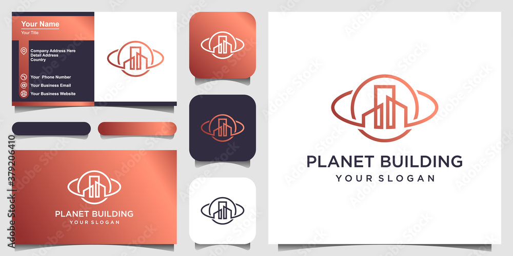 Naklejka premium planet building creative logo concept and business card design