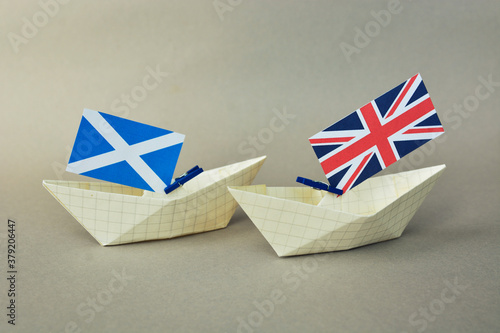Fotografi paper ships with flag of Scotland, and UK  United Kingdom, The Union Flag the Sa