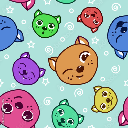 Seamless pattern with multicolored cat heads with different emotions on the face on a light blue background.