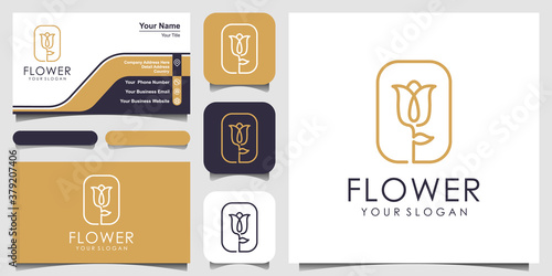 Minimalist elegant flower rose beauty with square style. logo use cosmetics, yoga and spa logo design inspiration. set of logo and business card design