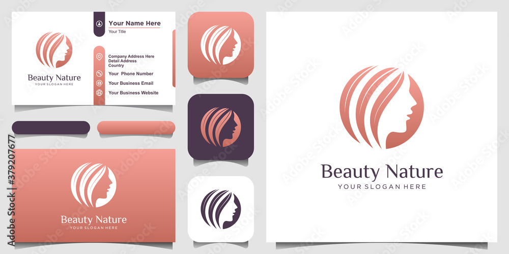 beauty woman hair salon with nature concept logo and business card design. beauty woman hair salon with nature concept logo and business card design.