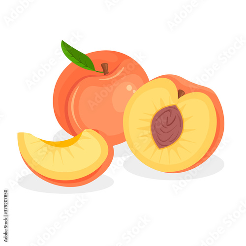 Set of fresh whole, half, cut slice and piece of peach isolated on white background. Vegan food vector icons in a trendy cartoon style. Healthy concept.	