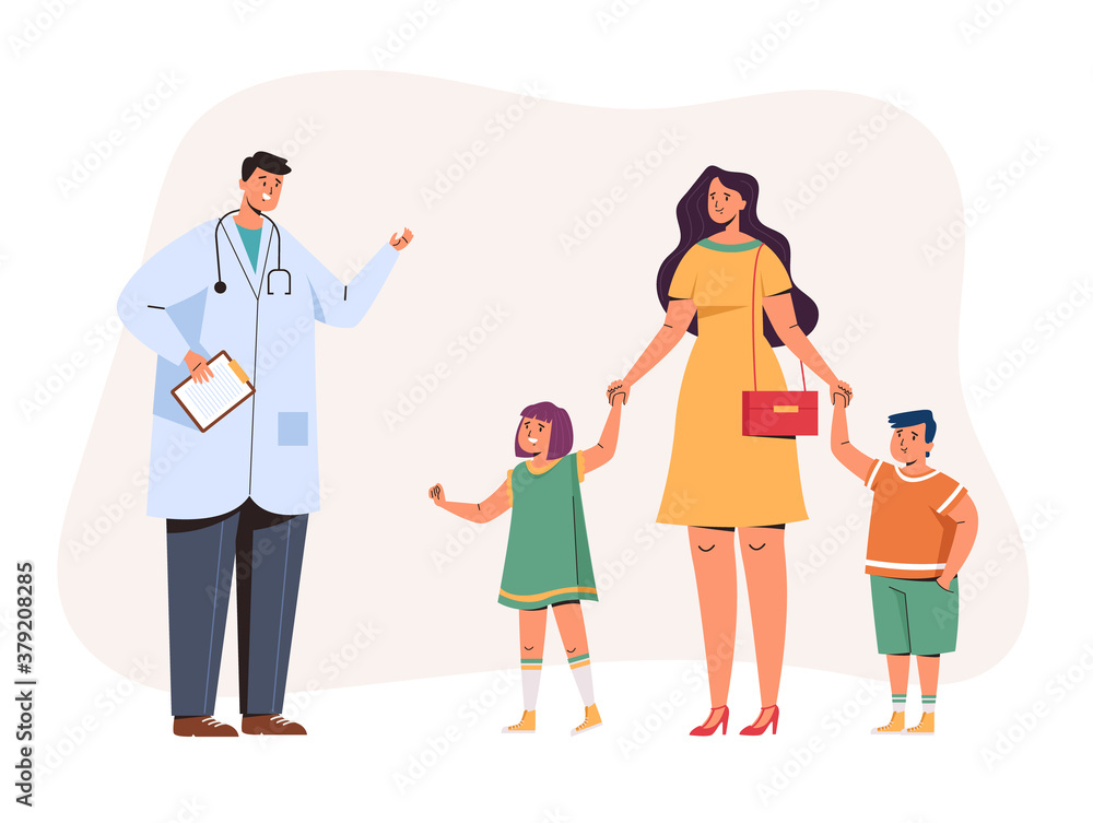 Mother character with two children taking doctor consultation. Vector flat graphic design illustration Mother character with two children taking doctor consultation. Vector flat graphic design illustration