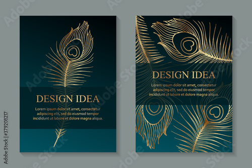 Modern luxury wedding invitation design or card templates for birthday greeting or certificate or poster with golden peacock feathers on a turquoise green background.