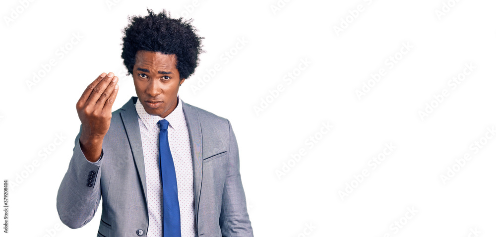 Handsome african american man with afro hair wearing business jacket doing italian gesture with hand and fingers confident expression Handsome african american man with afro hair wearing business jacket doing italian gesture with hand and fingers confident expression