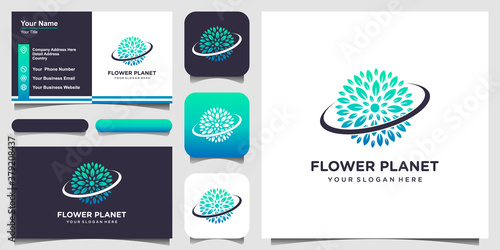 nature planet with line art style logo and business card design.