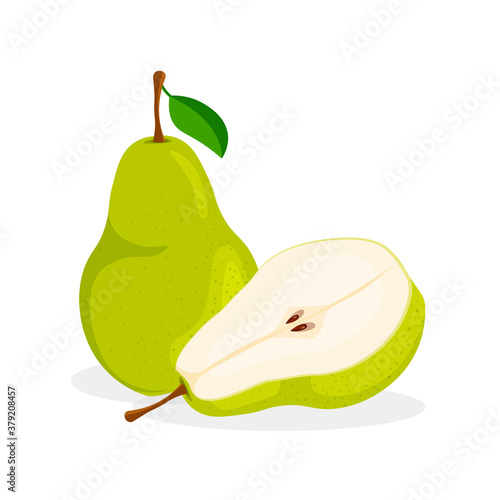 Set of fresh whole, half, cut slice and piece of pear isolated on white background. Vegan food vector icons in a trendy cartoon style. Healthy concept.