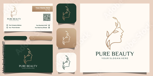 creative Beautiful woman's face flower with line art style logo and business card design. Abstract design concept for beauty salon, massage, magazine, cosmetic and spa.