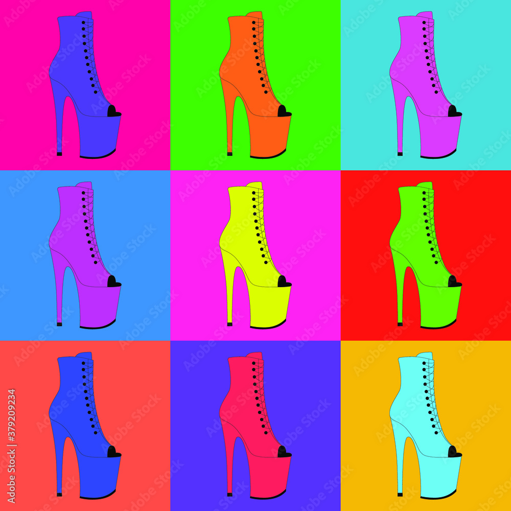 Colorful pole dance shoes on a colorful background. Vector illustration of  exotic dancing platform. High heels pattern. Clubbing woman's strip shoes.  Stripper shoes. Seamless pattern. Stock-vektor | Adobe Stock