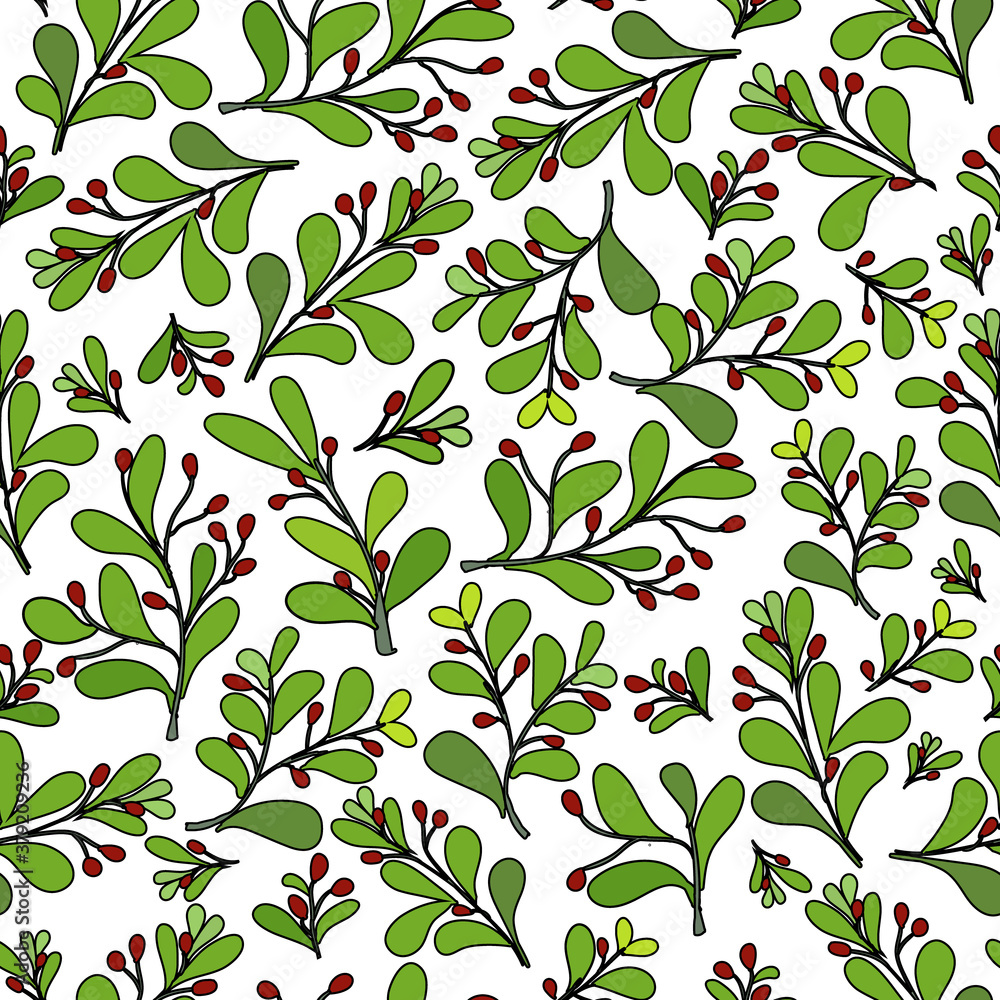 Foliage branches, and red berries, cartoon outlined, over white background background seamless pattern. Foliage branches, and red berries, cartoon outlined, over white background background seamless pattern.