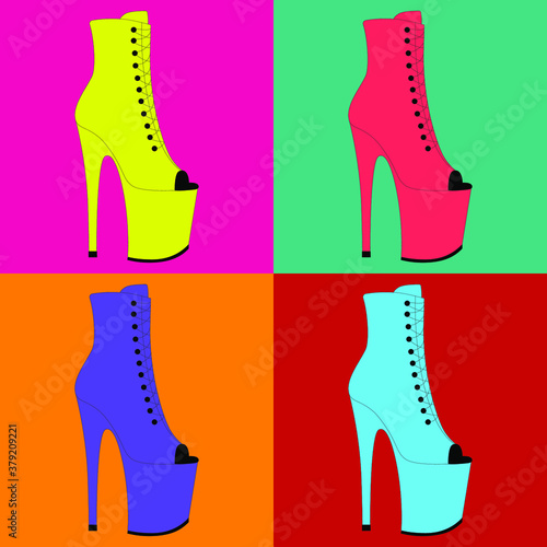 Colorful pole dance shoes on a colorful background. Vector illustration of exotic dancing platform. High heels pattern. Clubbing woman's strip shoes. Stripper shoes. Seamless pattern.