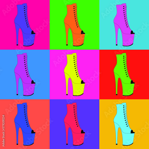 Colorful pole dance shoes on a colorful background. Vector illustration of exotic dancing platform. High heels pattern. Clubbing woman's strip shoes. Stripper shoes. Seamless pattern.
