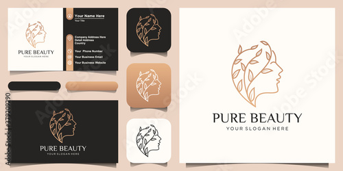 creative Beautiful woman's face with growth concept logo and business card design. Abstract design concept for beauty salon, massage, magazine, cosmetic and spa.