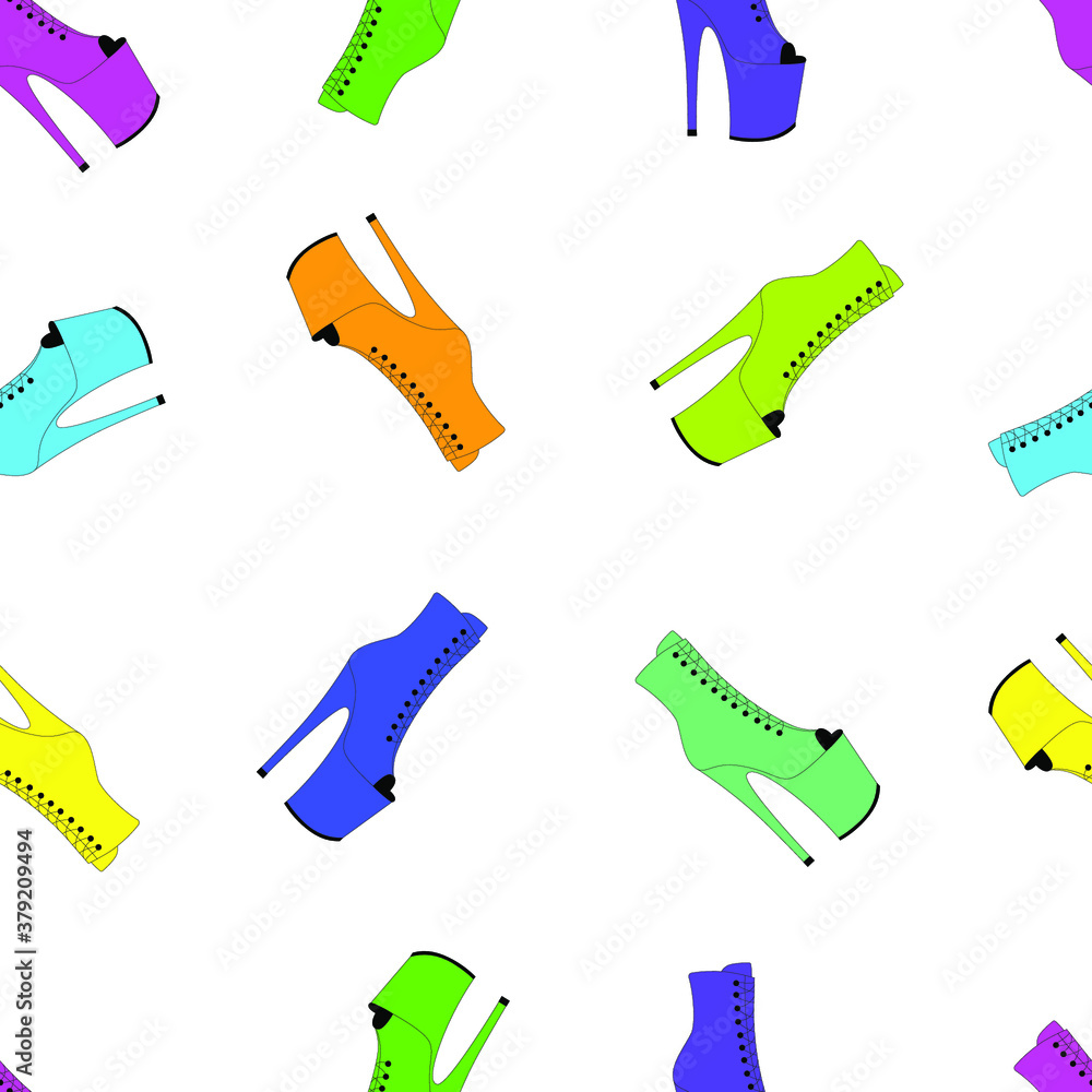 Colorful pole dance shoes on a white background. Vector illustration of exotic dancing platform. High heels pattern. Stripper shoes. Seamless pattern. Colorful pole dance shoes on a white background. Vector illustration of exotic dancing platform. High heels pattern. Stripper shoes. Seamless pattern.