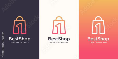 Best Shop Logo designs Template, bag combined with number one.