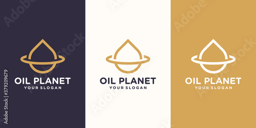 Water drop logo design combined with a planetary ring. oil olive planet. set of logo and business card design