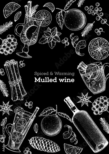 Mulled wine, winter hot drink. Hand drawn sketch. Vector illustration. Christmas invitation design template. Sketch collection. Christmas bar menu. Mulled wine and tea.