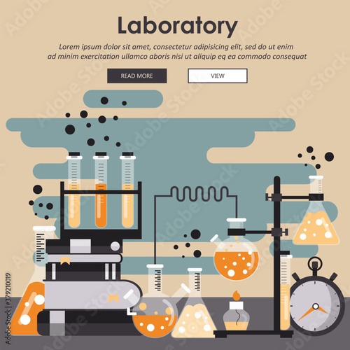 Laboratory equipment banner. Concept for science, medicine and knowledge. Flat vector illustration