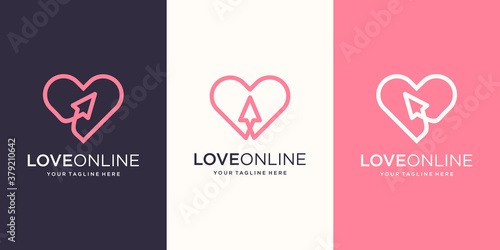 Love Online Logo designs Template. cursor combined with heart line art.