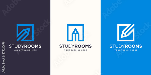 Study Room Logo designs Template. pencil combined with square line art style.