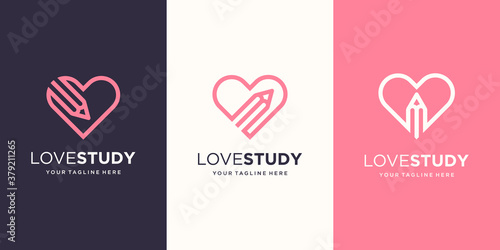 love study Logo designs Template. pencil combined with heart line art style.